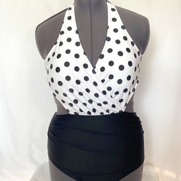 One Piece Black & White Polka Dot Bathing Suit - Picture 1 of 11